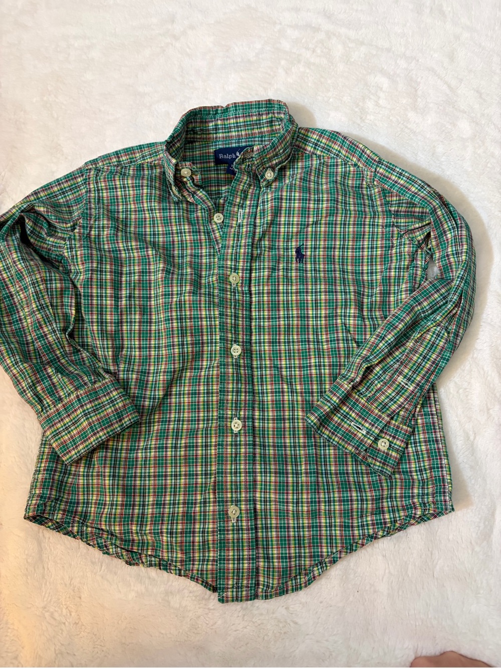 Ralph Lauren Green Plaid Button-Down Shirt with Blue Logo